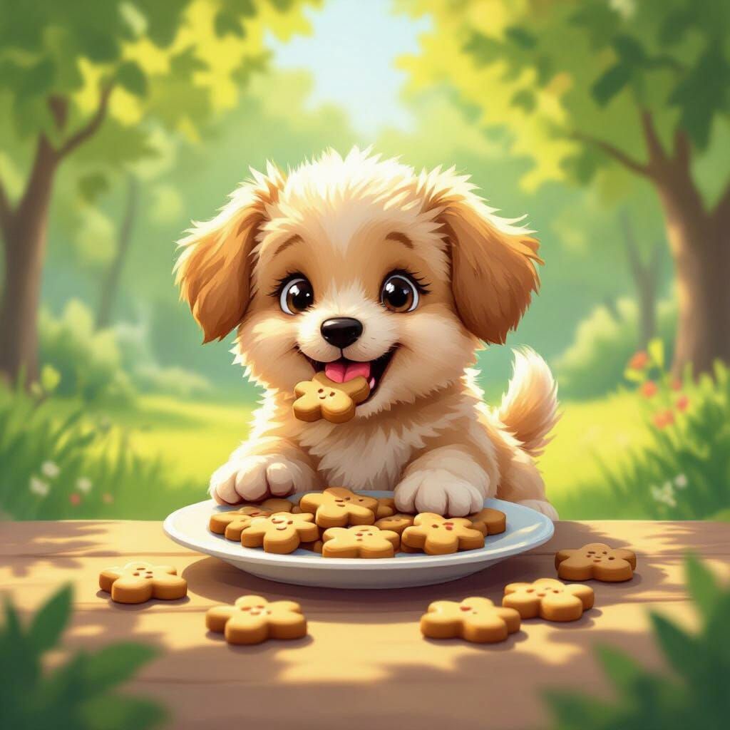 Cute Puppy Eats Biscuit People in Sunny Park