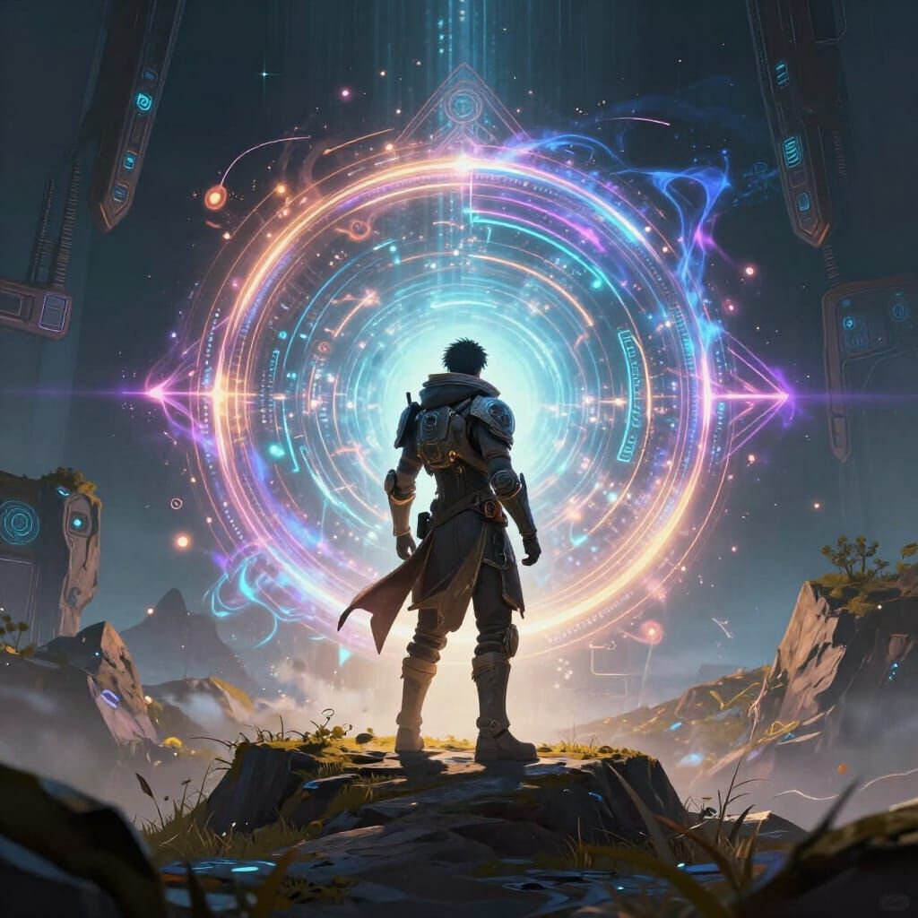 Techwear Figure at Arcane Portal, Cinematic Concept Art