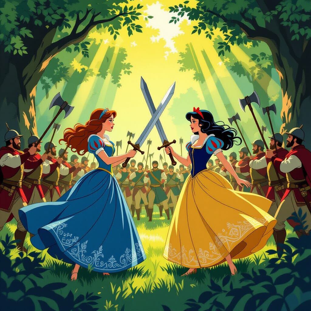 Cinderella and Snow White Battle Soldiers in Forest