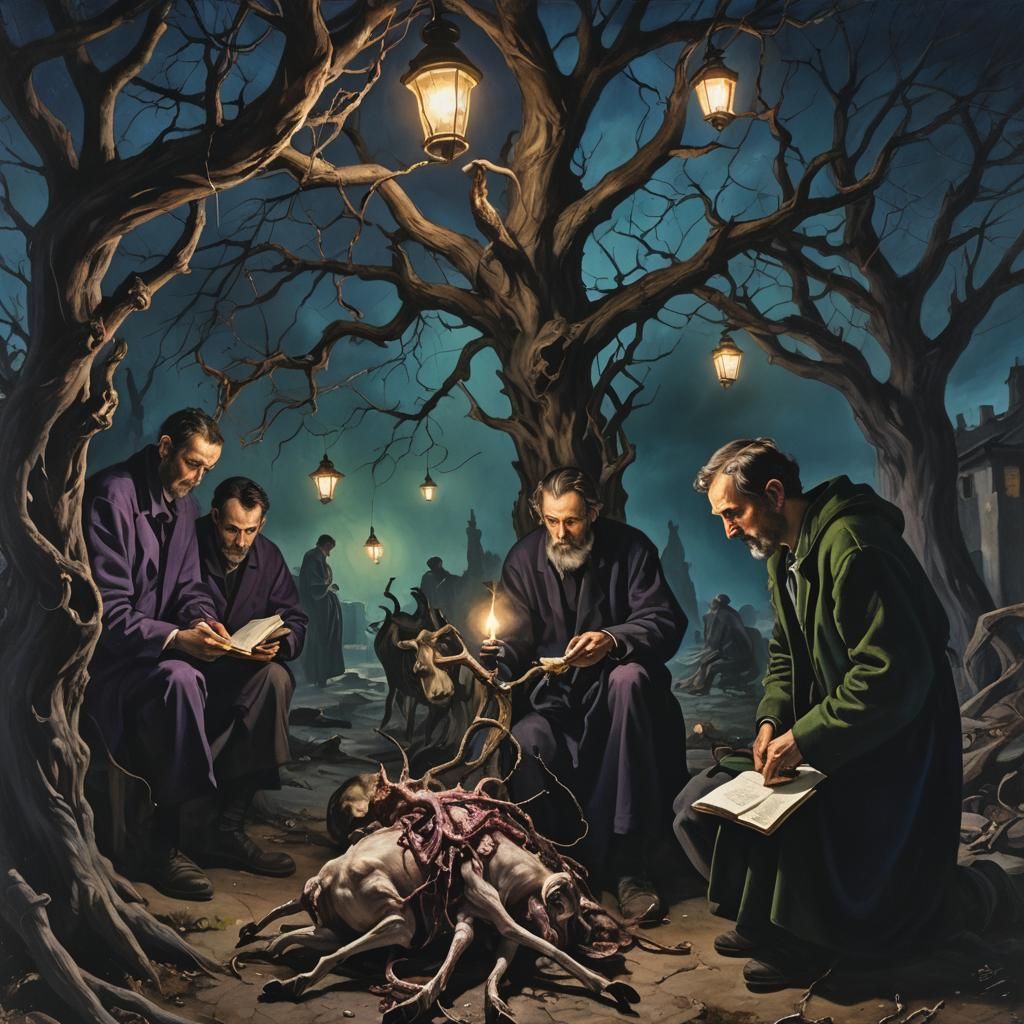 Men Interpreting Goat Entrails at a Haunting Crossroads