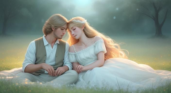 Romantic Couple Embracing Under Moon in Soft Focus