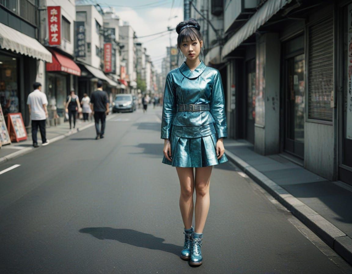 Vintage-Inspired Portrait of a Woman in Metallic Streetwear