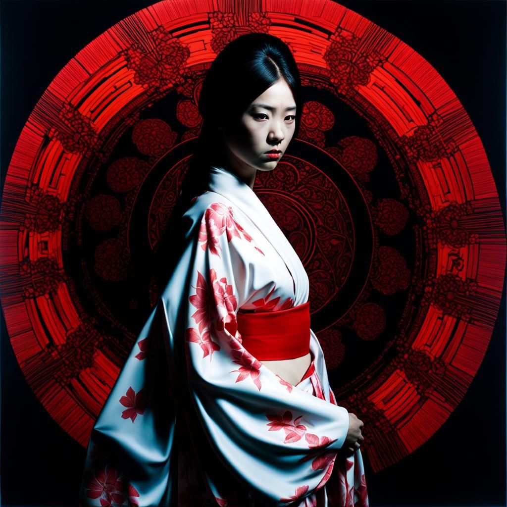 Gorgeous Japanese Princess in Black Light Art