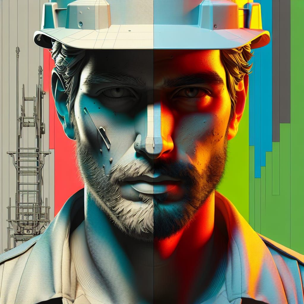 Dramatic Portrait of Construction Worker in Concept Art Styl...