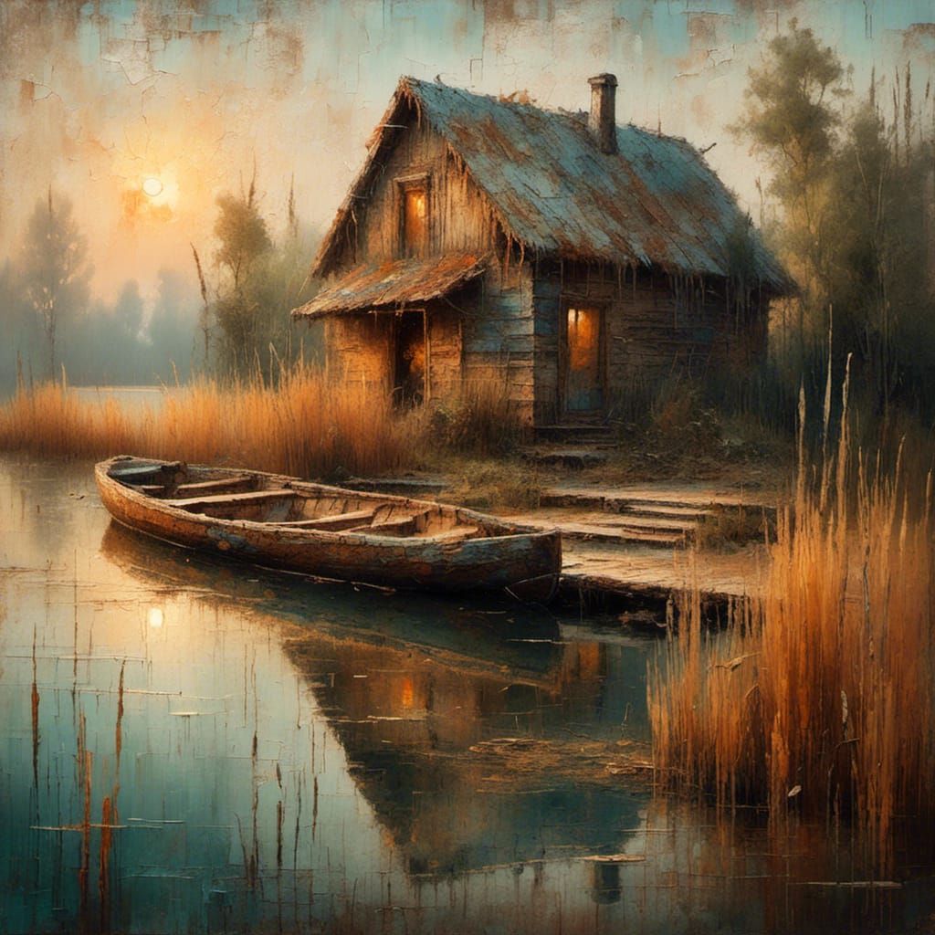 Log House on Lake: Earthy Oil Painting