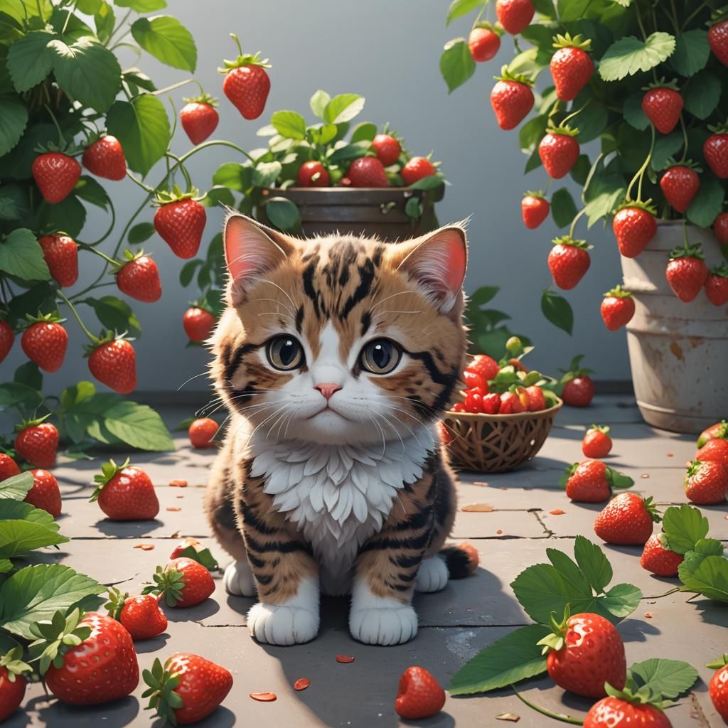 Cute Cat with Strawberry in 3D Anime Style
