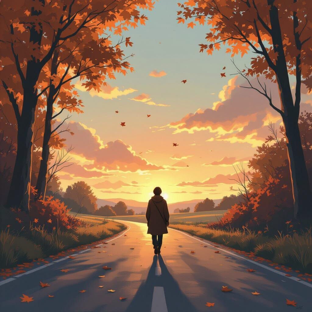 Autumn Sunset Road Scene in Gentle Style
