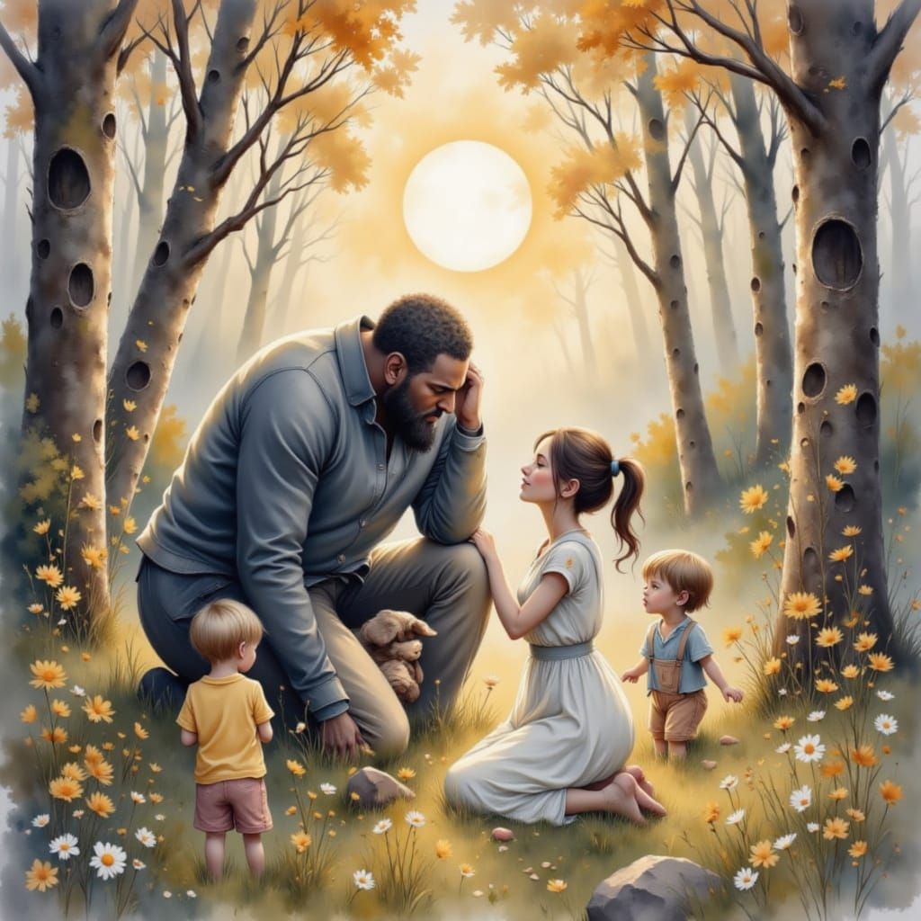 Loving Family in Misty Forest Watercolor Painting