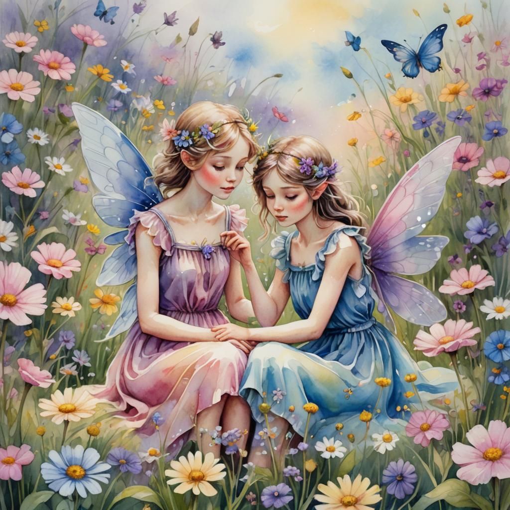 Fairies in Flower Meadow Watercolor Fantasy