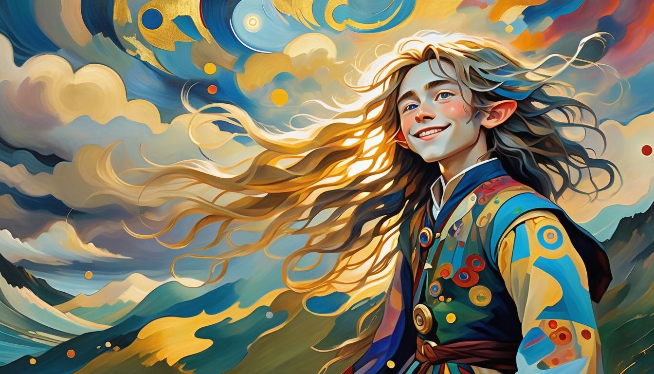Smiling Boy-Elf in Storm Wind: Klimt-Inspired Surrealism