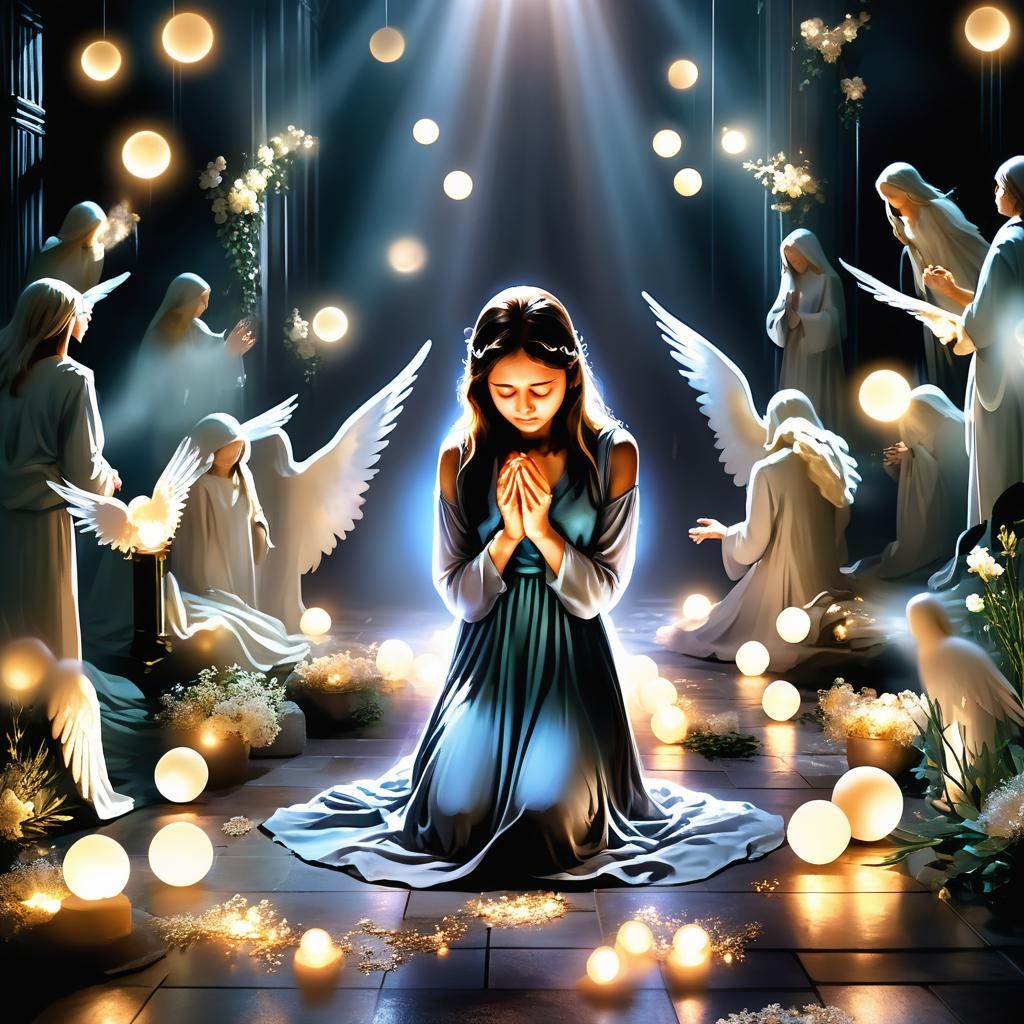 Ethereal Scene: Grieving Woman with Angelic Orbs