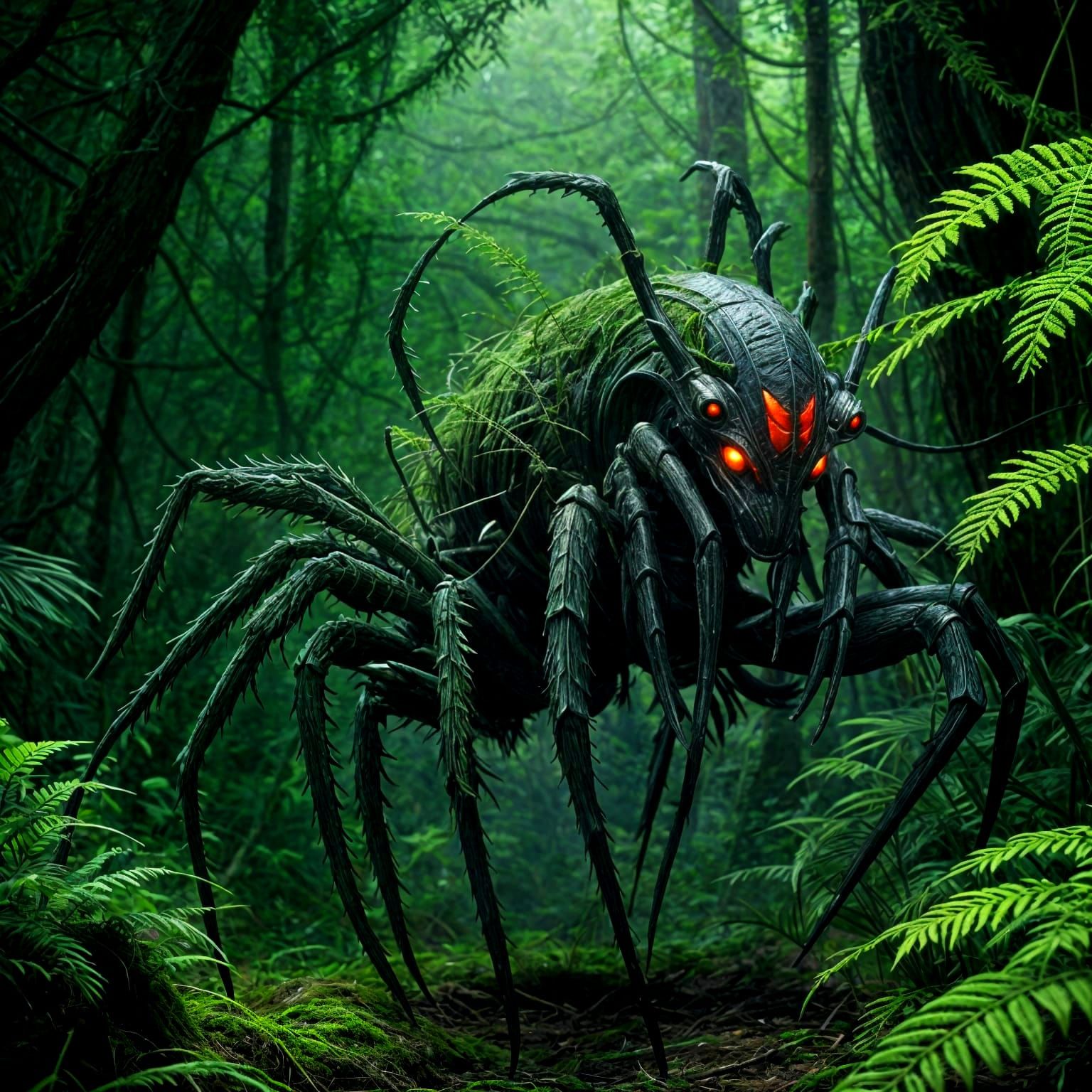 Surreal Spider Woman Emerges from Enchanted Forest