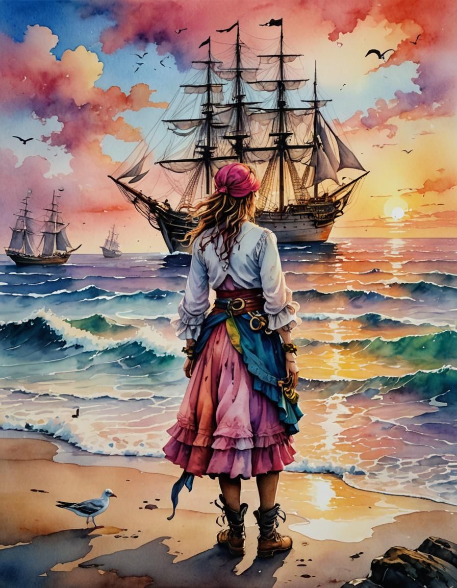 Pirate Girl and Sailing Ship Watercolor Painting