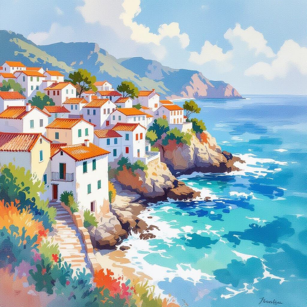 Watercolor Cliffside Village Over Turquoise Waves