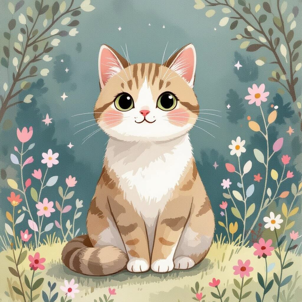 Adorable Cat Illustration in Watercolor Style