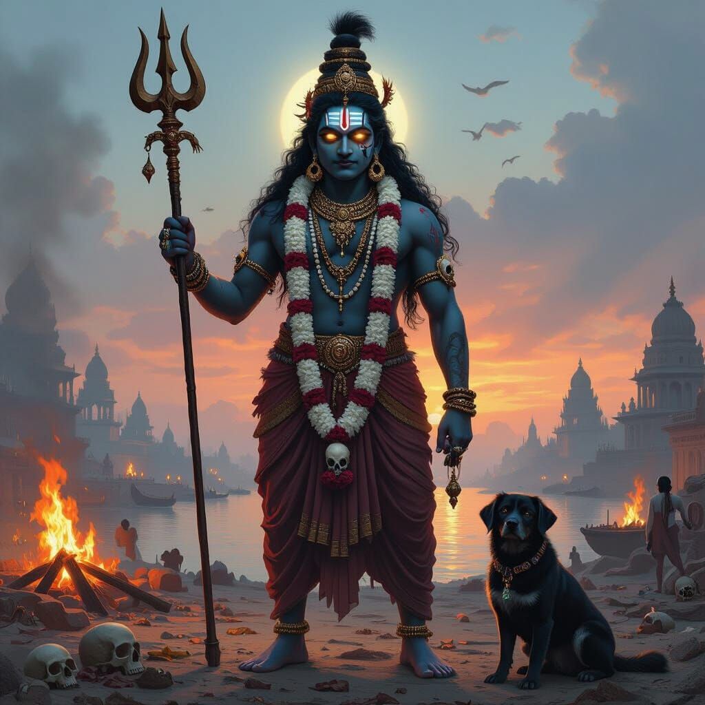 Fierce Kashi Kala Bhairava Digital Painting with Black Dog