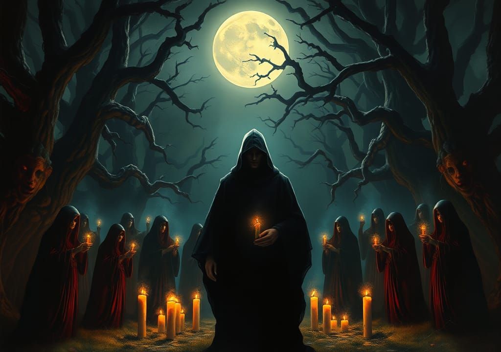 Mystical Cabal in Moonlit Forest: Moody Cinematic Painting