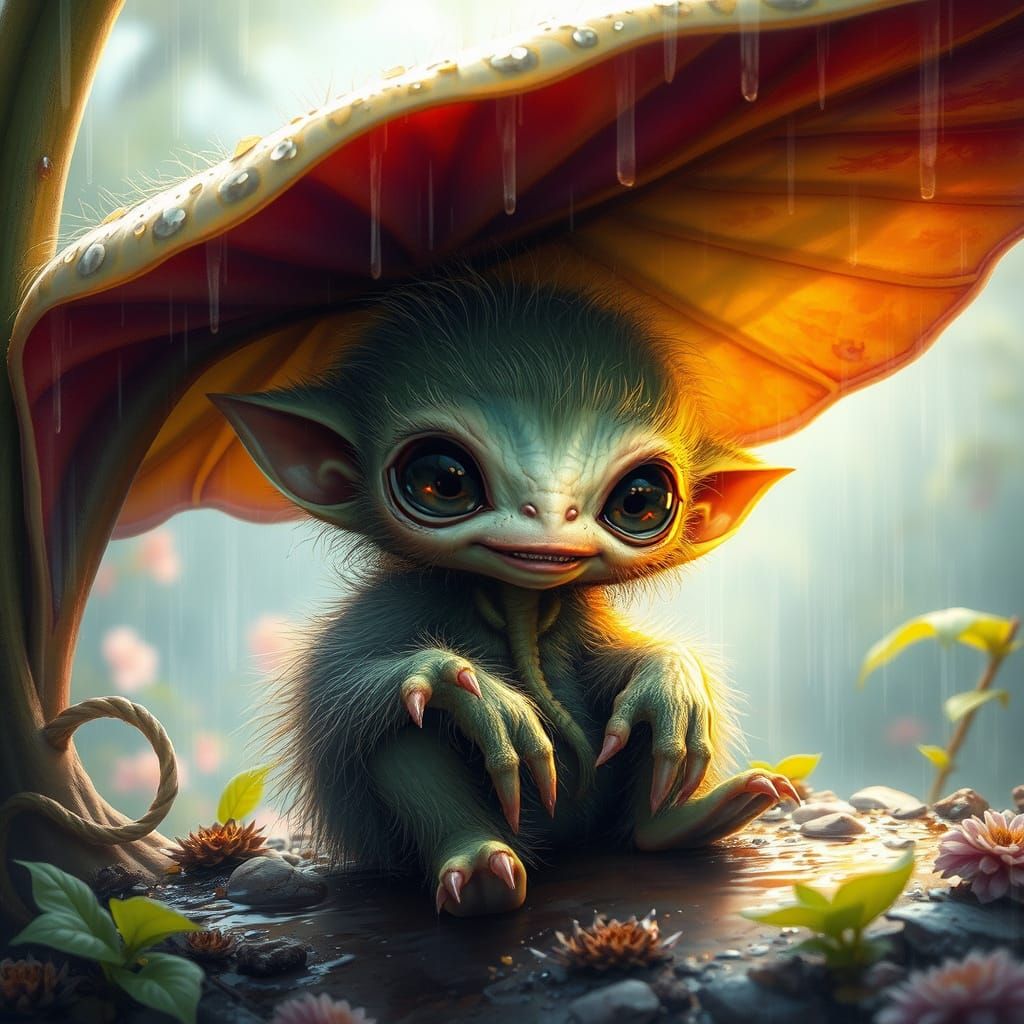 Cute Alien Under Leaf on Rainy Day