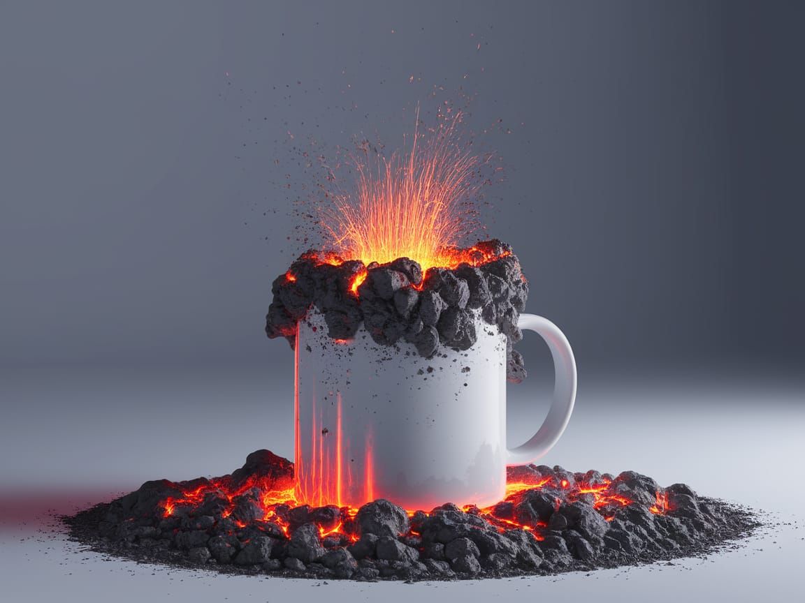 Coffee Mug Erupts with Lava in Photorealistic Style