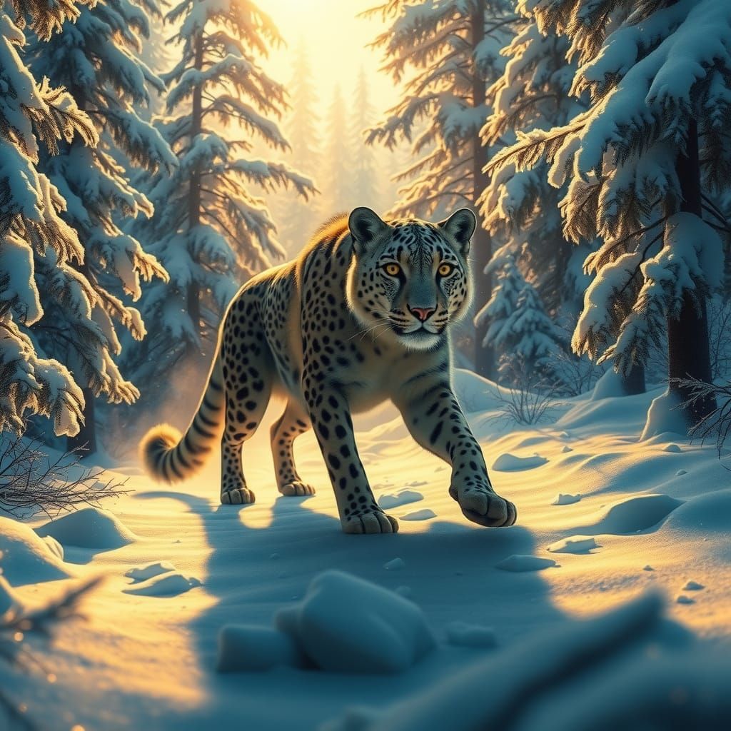 Wolf-Cheetah-Leopard Hybrid Prowls Snowy Forest: Matte Paint...