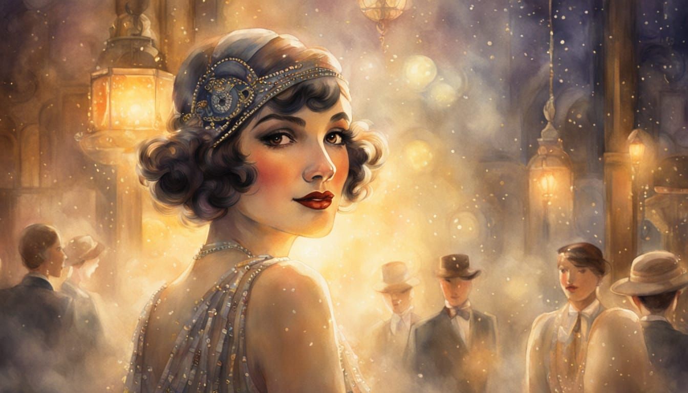 Flapper Girl Dancing in Speakeasy Watercolour Painting