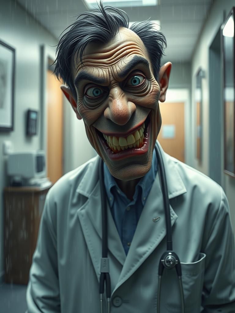 Creepy Doctor CGI Caricature with Unrealistic Details