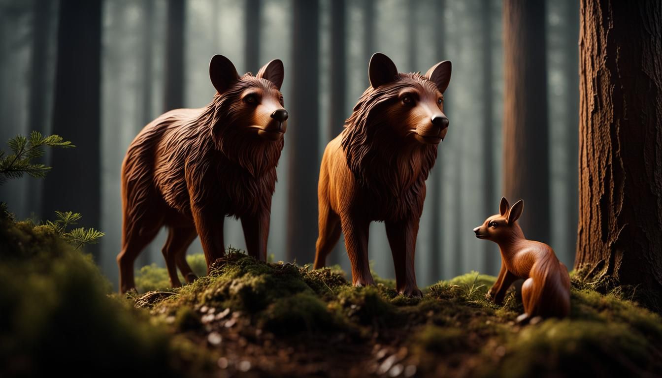 Hand-Carved Mahogany Forest Animals in Chiaroscuro Style
