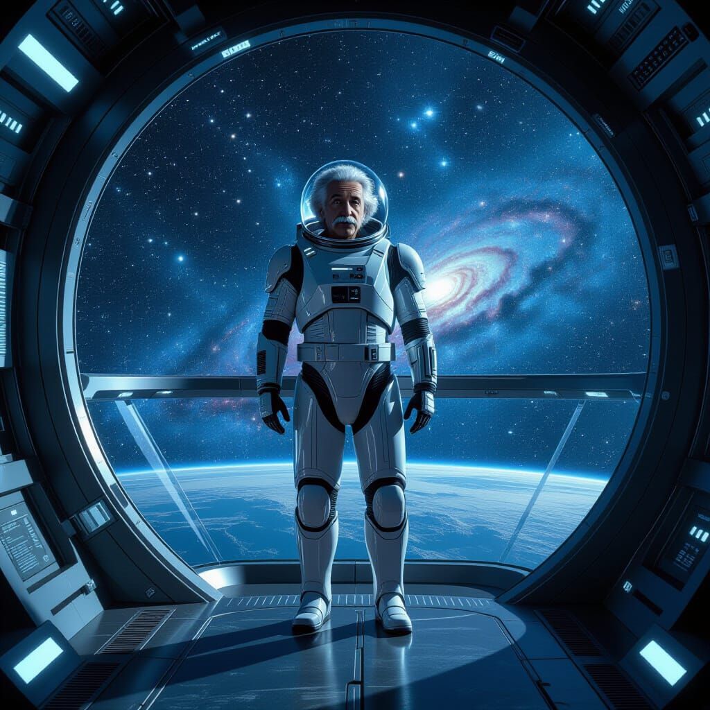 Einstein on Spaceship Bridge in Sci-Fi Galaxy