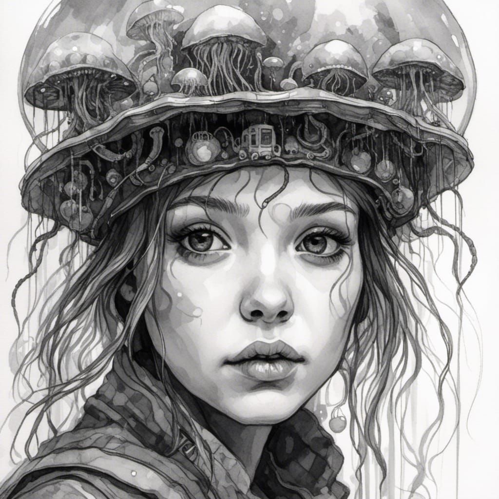 Cyberpunk Girl in Ink and Charcoal Style