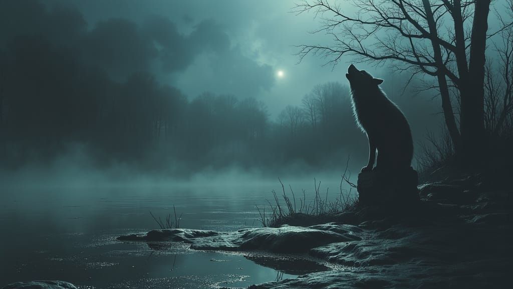 Lone Wolf Howls at Dusk in Misty Swamp