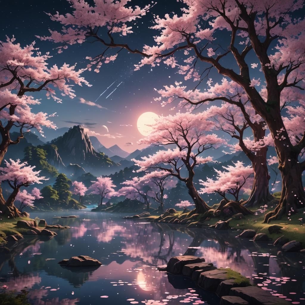 Anime Cherry Blossom Forest at Night in Hyperrealistic Pixel...