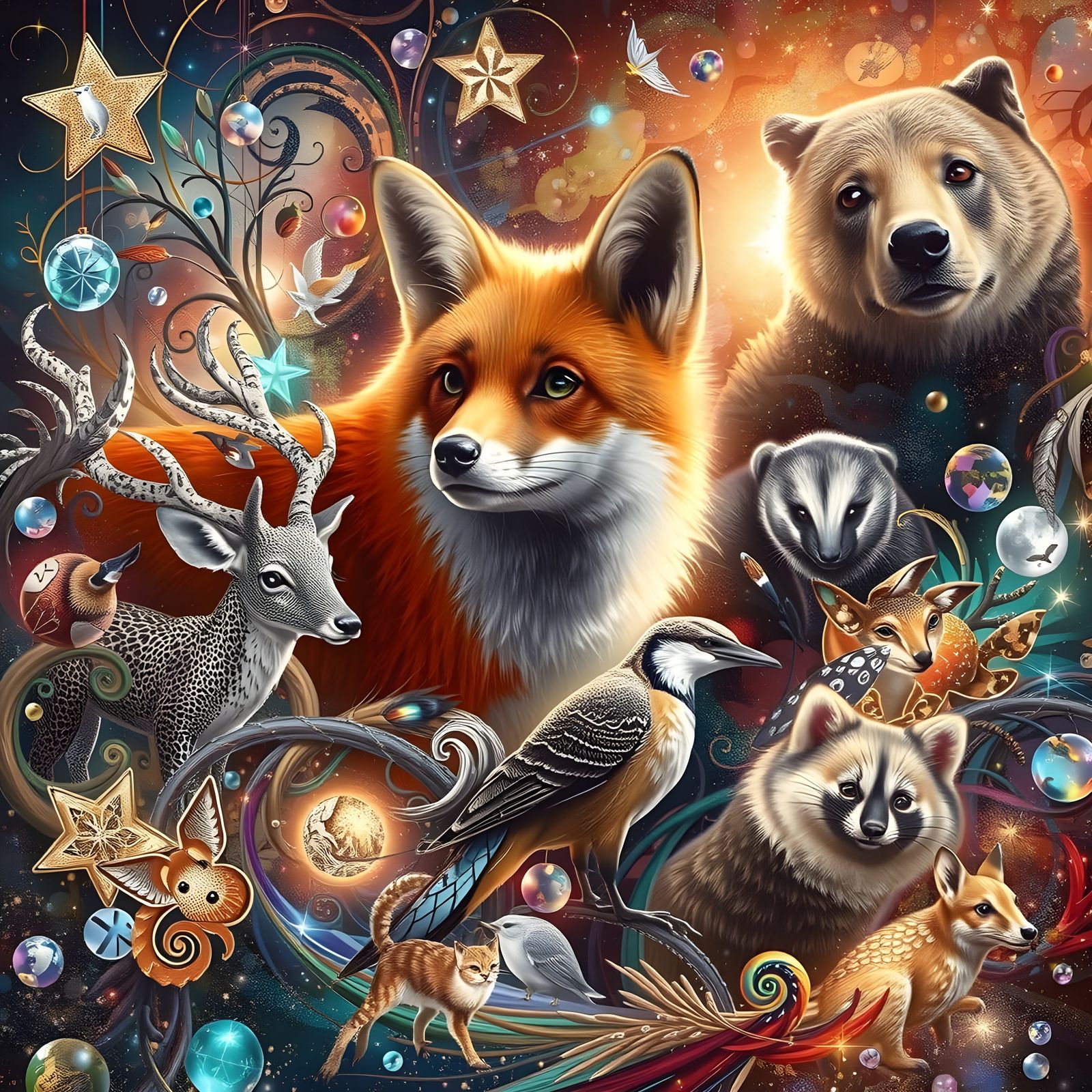 Whimsical Forest Creatures in a Vibrant Woodland Scene