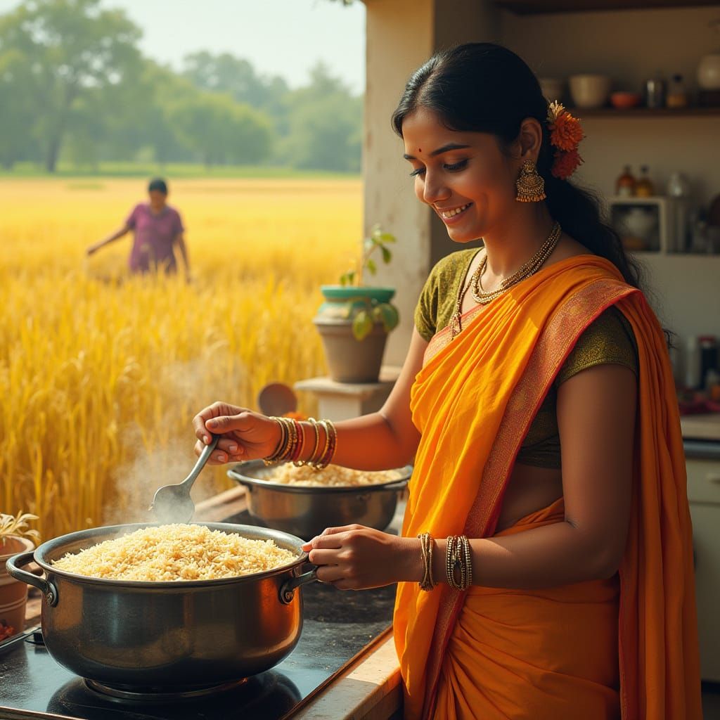 Indian Woman Cooking Rice, Traditional Art Style