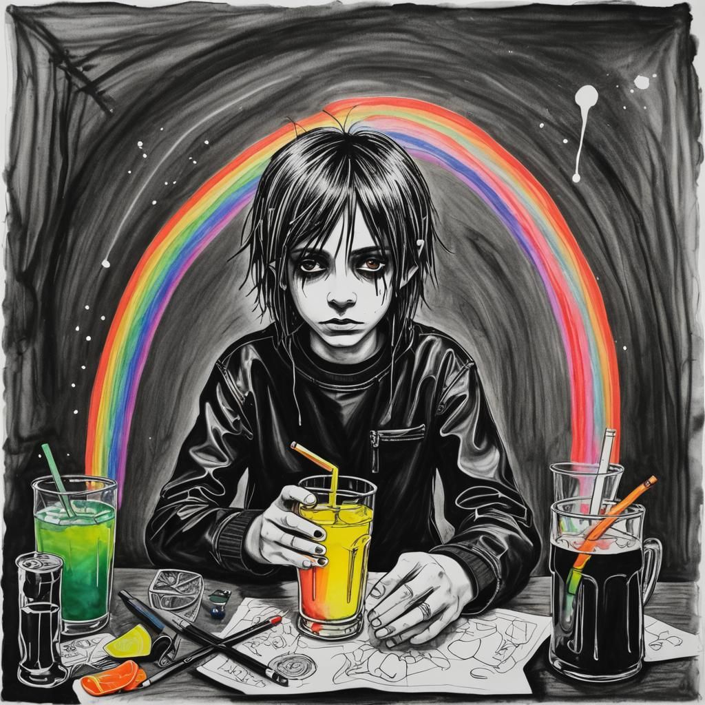 Gloomy Goth Teenager: Surreal Crayon Drawing with Rainbow Fa...
