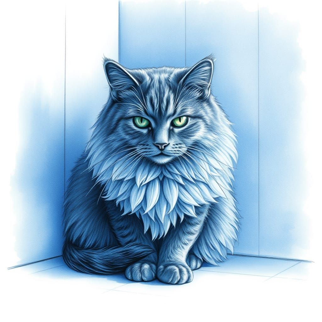 Blue Persian Cat in Blue Room Color Pencil Sketch