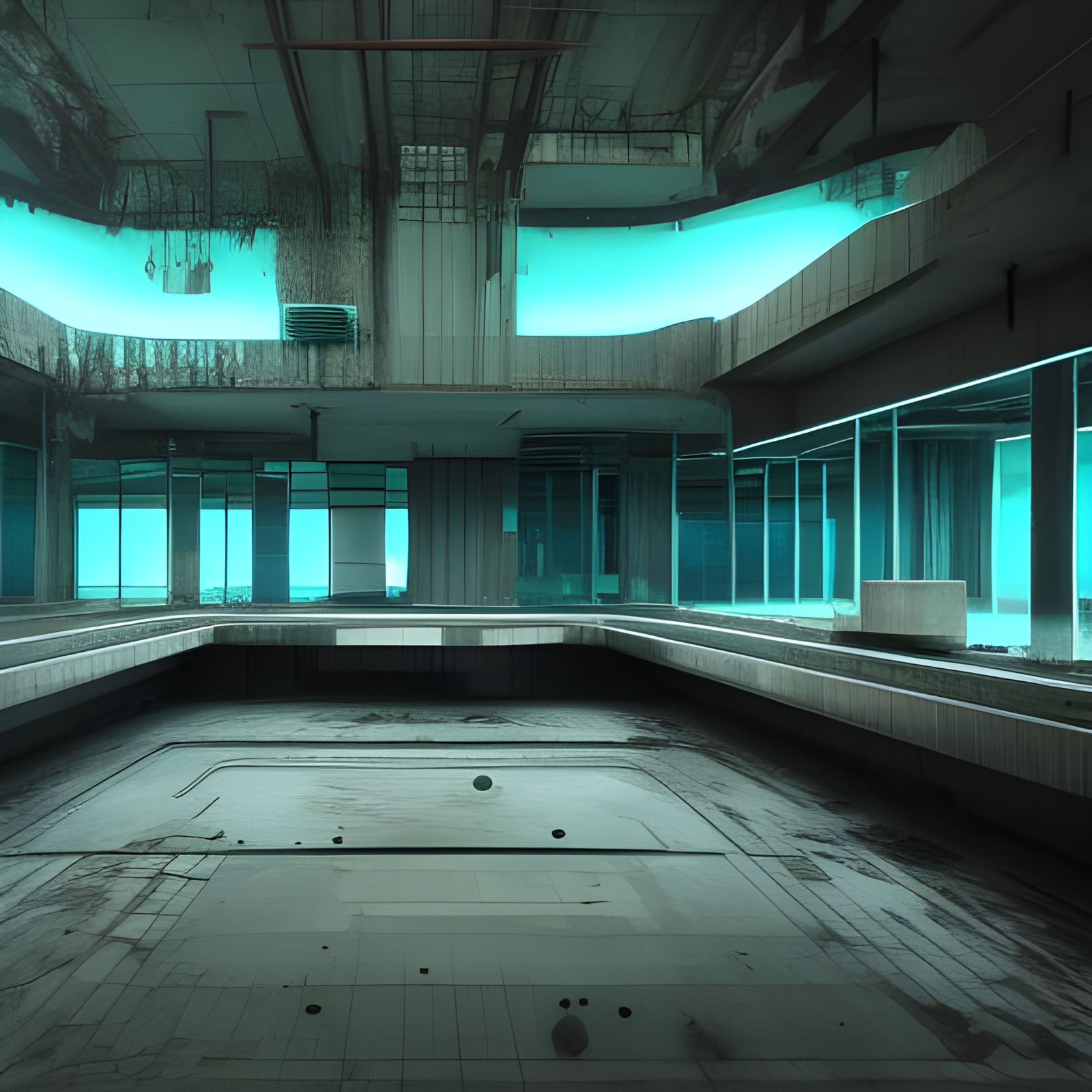 Abandoned Brutalist Pool in Cyberpunk Digital Art