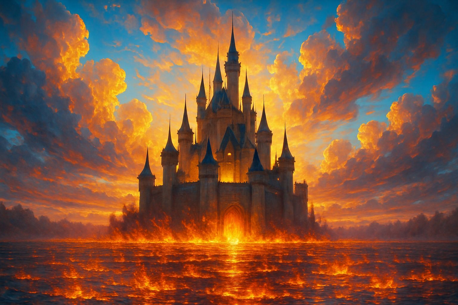 Fantasy Castle Ablaze at Golden Hour Dawn