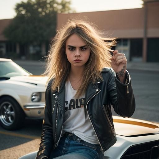 Cara Delevingne Rocker on Mustang in Desert Photo