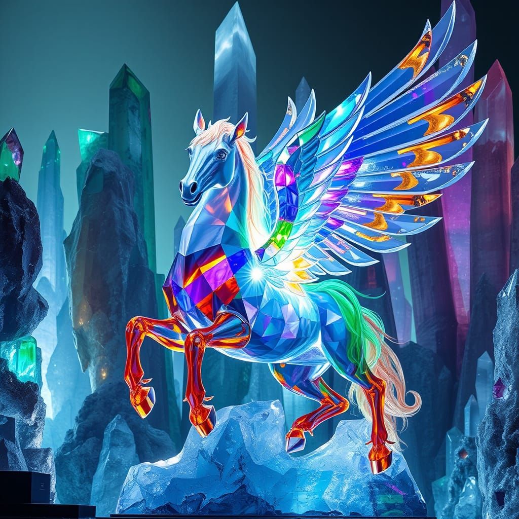 Winged Crystal Horse Radiating Light