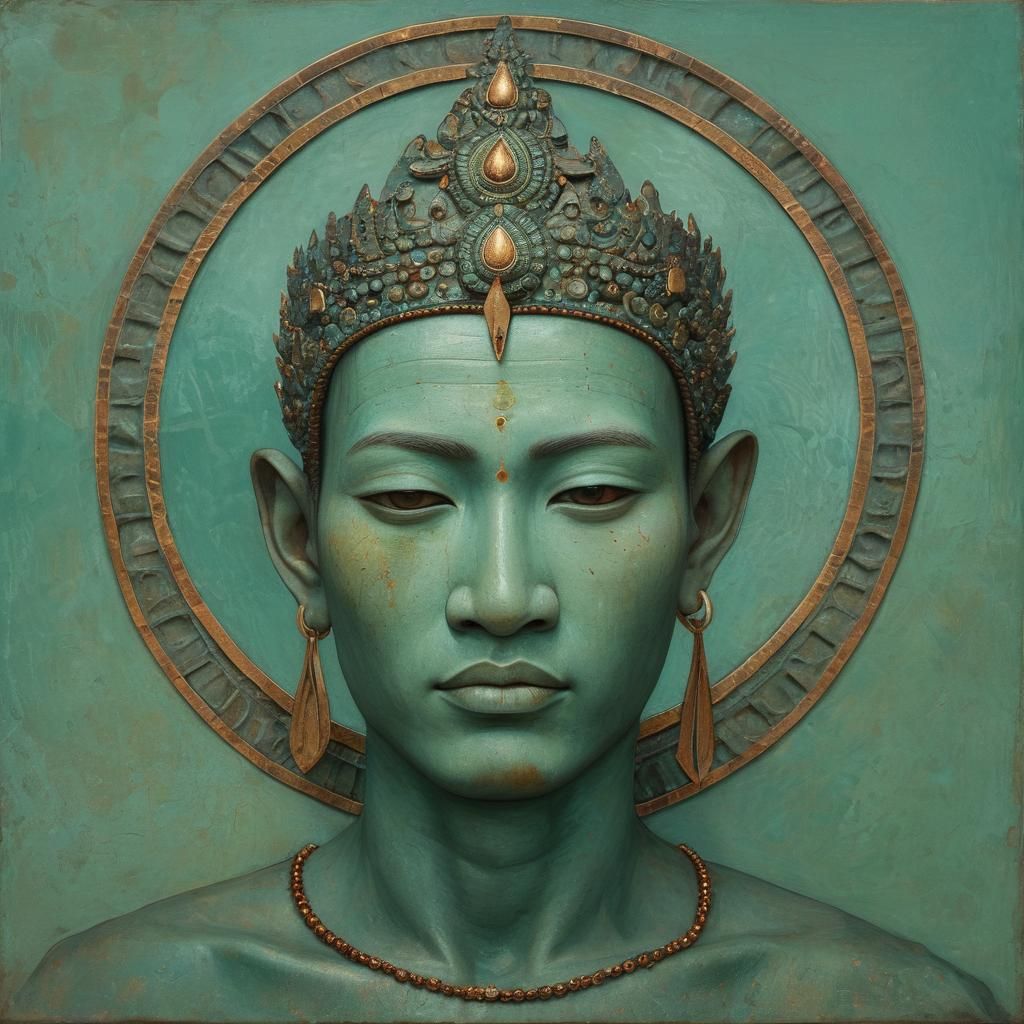 Thai God in Copper Halo with Verdigris Tile Background
