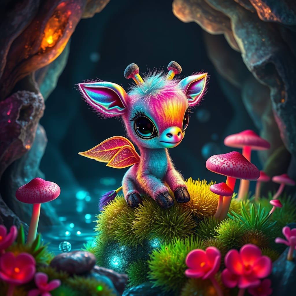 Mystical, Glowing Giraffe in an Alien Crystal Cave