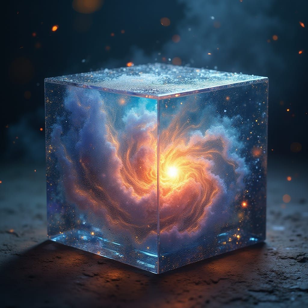 Glass Cube Reveals Vibrant Galaxy Scene with Misty Nebula