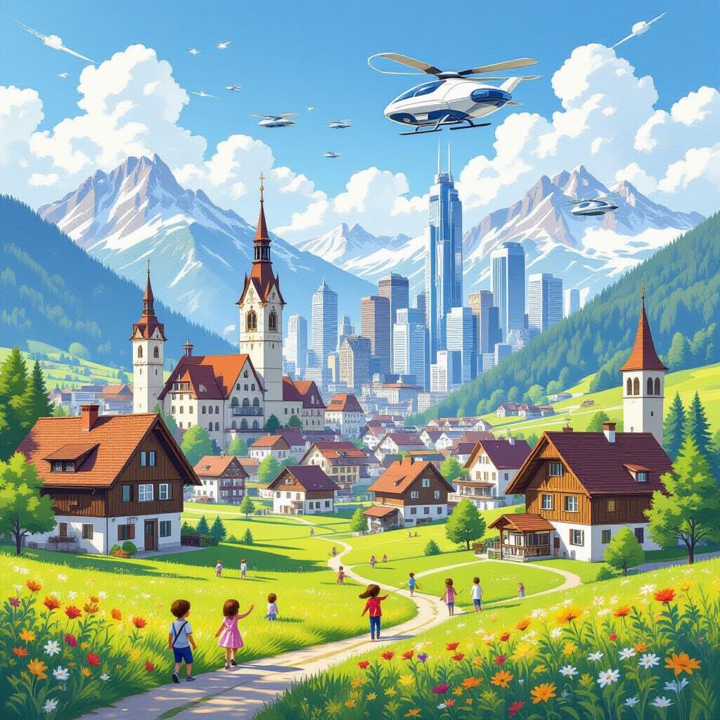 Bavarian Village Meets Futuristic Cityscape in Gouache Style