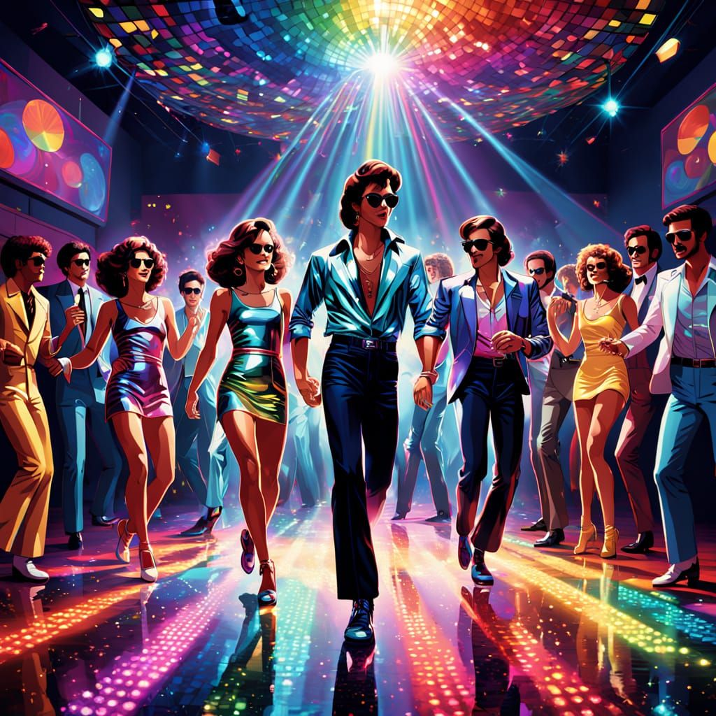 Retro Disco Dance Floor Scene in Vibrant Oil Painting Style