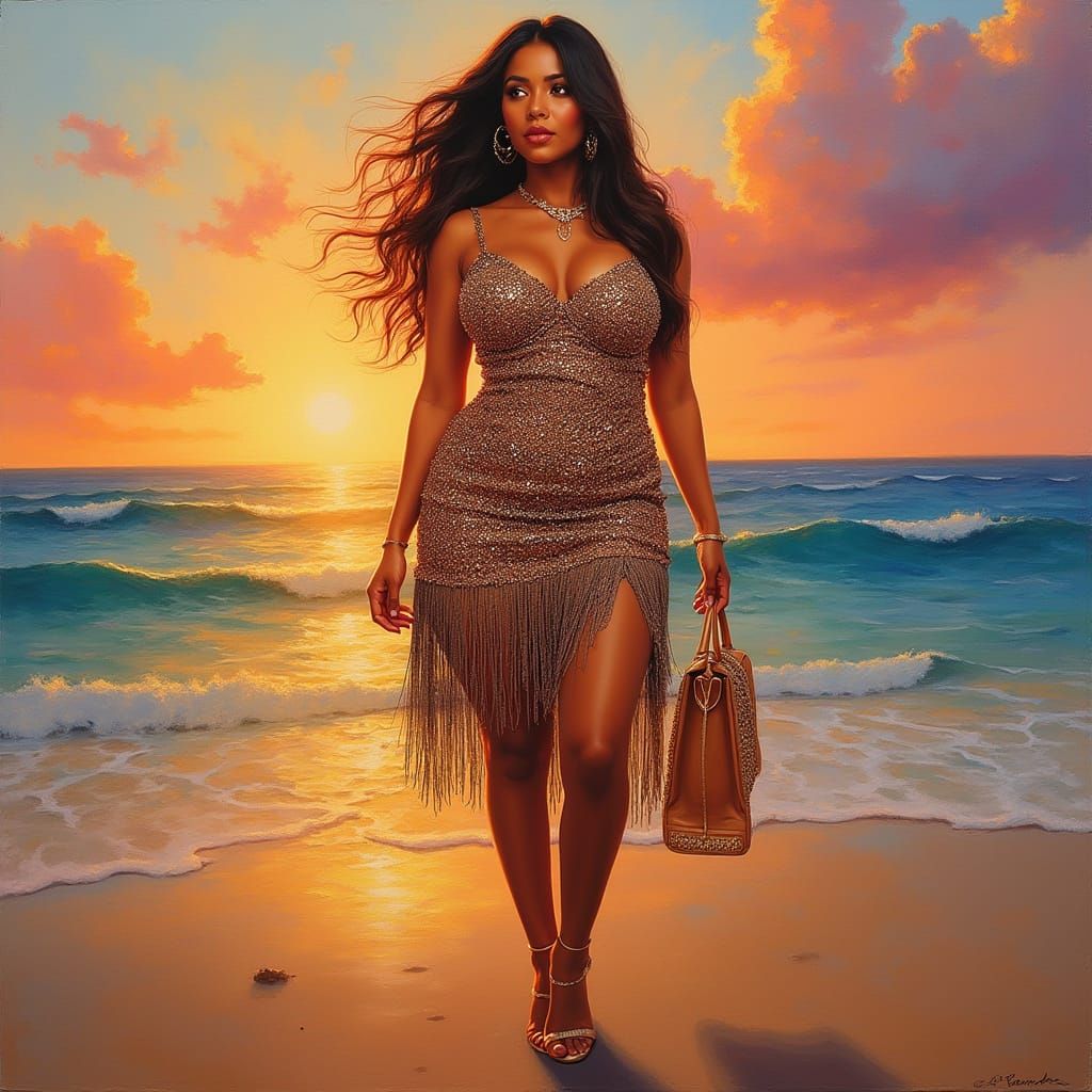 Regal Boricua Woman Walks on Sunset Caribbean Sea