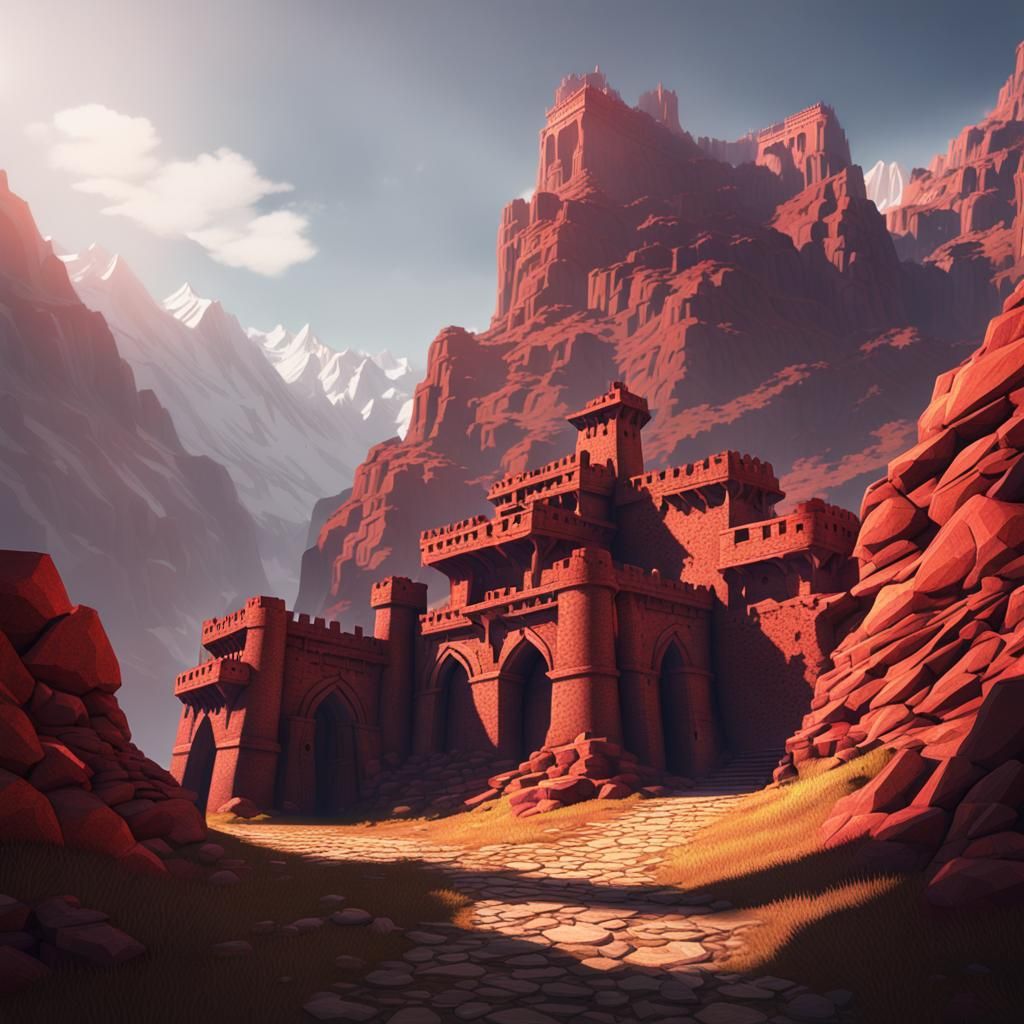 Red Stone Fortress in Mountain Pass: 3D Render