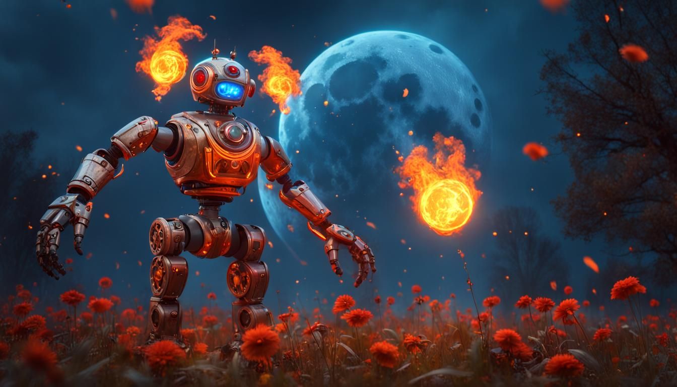 Fiery Robot Juggler in Animal Style