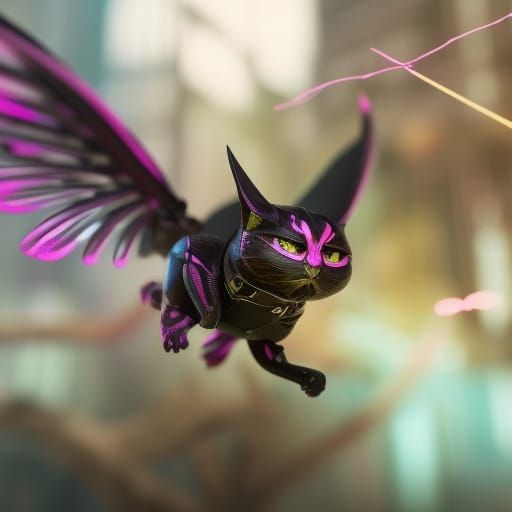 Flying Cat Chasing Pink Bug in Hyperrealistic Style