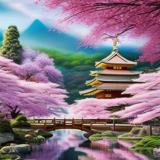 Sakura Fantasy: Japanese Pagoda in Dreamlike Landscape
