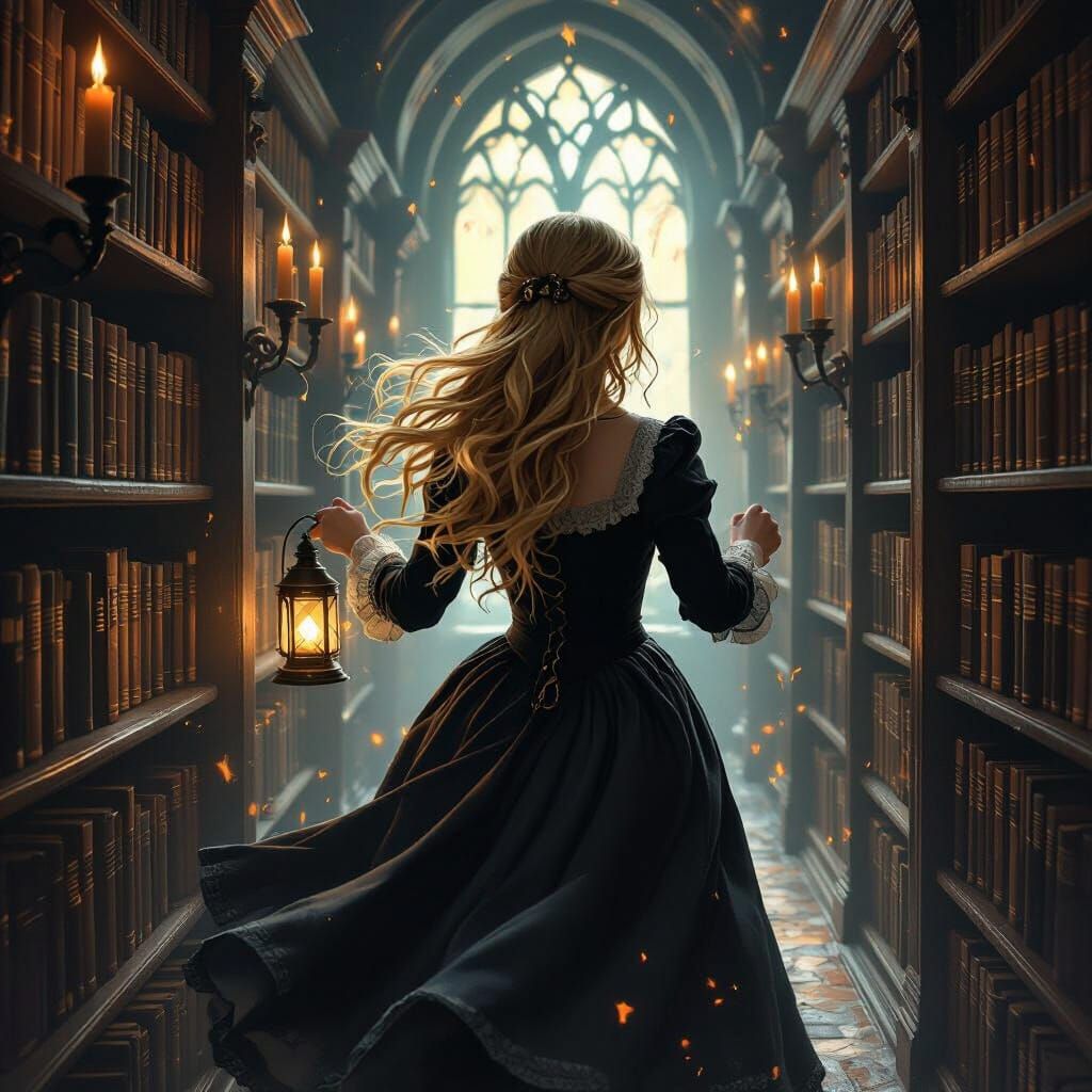 Fleeing Girl in Gothic Library with Portal